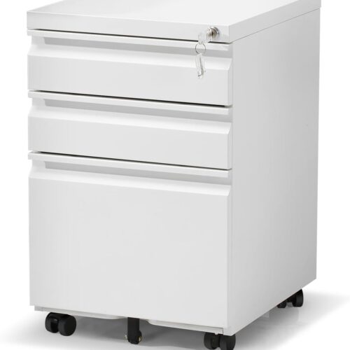 1 Filing Cabinet 3 Drawer, Locking File Cabinets for Home Office, Mobile Filing Cabinet for A4/Letter/Legal Size File Folders, Fully Assembled, Matte White