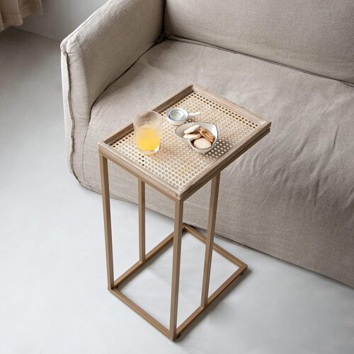 1 Farmhouse C Table Couch End Table, Metal Distressed Woven Pattern Tray Top Snack Side Table, Gold