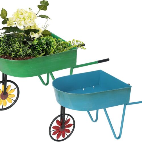 Metal Wheelbarrow Flower Cart Planter, 2 Packs Plant Stands with Triangular Support Handles Non-Rolling Wheel Vintage Wagon Planter Pots for Home Patio Garden Backyard Rustic Outdoor Decor