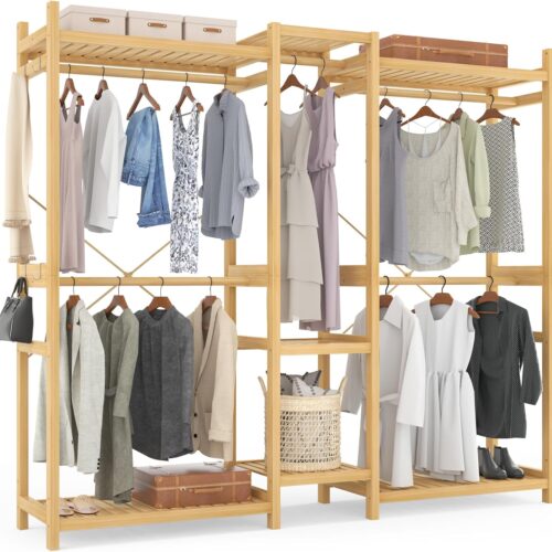 1 Bamboo Closet System Clothes Rack, Large Freestanding Garment Rack Clothing Rack for Hanging Clothes with 7 Storage Shelves and 5 Rods, Open Wardrobe Organizer with 4 Hooks, Natural