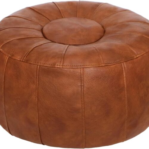 Unstuffed Moroccan Storage Pouf Foot Stool Ottoman Seat Handmade Faux Leather Bean Bag Floor Chair Foot Rest for Living Room, Bedroom or Balcony (Light Brown)