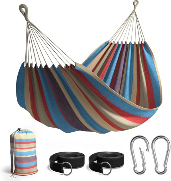 Brazilian Double Hammock - Extra-Long Two Person Portable Hammock Bed for Indoor or Outdoor Spaces - Hanging Rope, Carrying Pouch Included (Blue/Sand/Purple/Red Stripes) 1