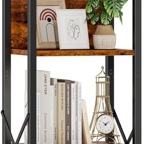 1 5 Tier Tall Bookshelf with Back, Display Narrow Bookcase, Industrial Storage Corner Shelves Organizer for Bedroom, Living Room, Entryway, Kitchen, Rusitc Brown
