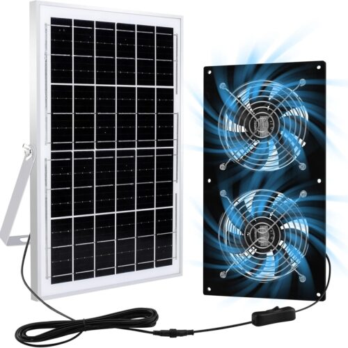 1 Solar Exhaust Fans & Powered Fan with 15W Panel & 2-Pack High-Speed Brushless DC Fans,Solar Ventilation Fan for Greenhouses, Chicken Coops, Attics, Barns, Sheds & Dog Houses