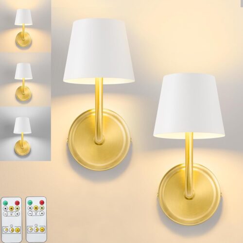 1 Wall Sconce Set of Two,White Gold Battery Sconces with Remote,3 Color Temperatures Rechargeable Wireless Wall Lights,Dimmable Battery Powered Lamp for Bedroom Living Room Hallway