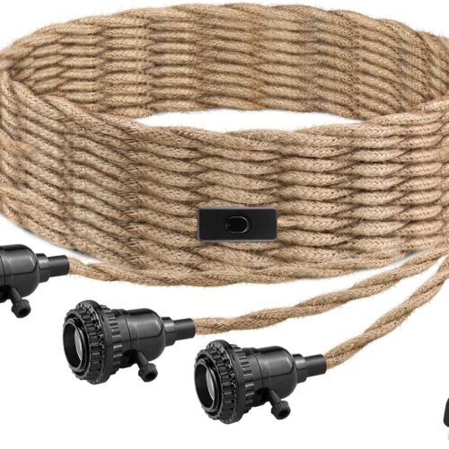 1 3 Light Plug in Pendant Light Cord, 25FT Hanging Lights with Plug in Cord, Hemp Rope Hanging Light Kit with 2 Way Switch, Farmhouse Pendant Light Kits DIY HangingLight