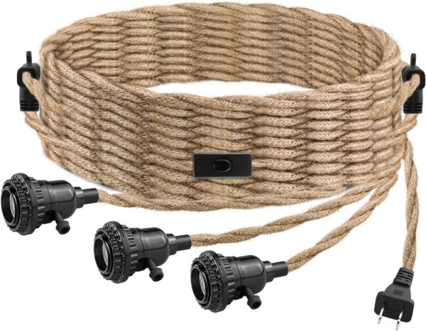 3 Light Plug in Pendant Light Cord, 25FT Hanging Lights with Plug in Cord, Hemp Rope Hanging Light Kit with 2 Way Switch, Farmhouse Pendant Light Kits DIY HangingLight 1