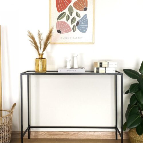 1 Canvas Glass Console Table, 39.3” Black Entryway Table,Narrow Hallway Table for Entry Way, Living Room Sofa Table Bed Room Home Office, Small Space, Clear Tempered Glass, Black