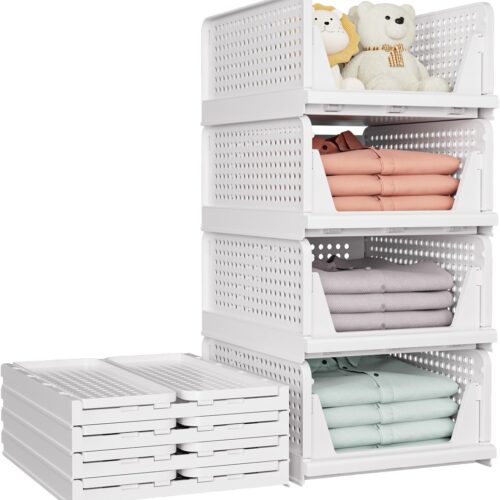 1 5 Pack Stackable Closet Storage Basket, Multifunctional & Foldable Closet Organizer for Bathroom Kitchen Laundry Room Wardrobe Storage, Space-Saving Clothes Storage Drawer Organizer, White