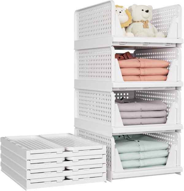 5 Pack Stackable Closet Storage Basket, Multifunctional & Foldable Closet Organizer for Bathroom Kitchen Laundry Room Wardrobe Storage, Space-Saving Clothes Storage Drawer Organizer, White 1
