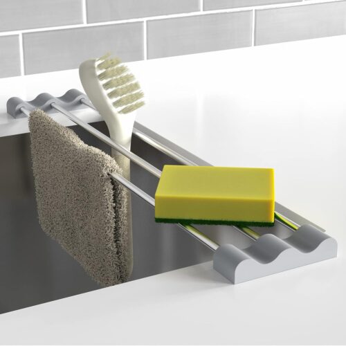 Adjustable Over-The-Sink Kitchen Rack for Dishcloths, Sponges, Bottles and Brushes - Heat-Resistant Stainless Steel with Slim, Expandable Design and Multifunctional Silicone Holder