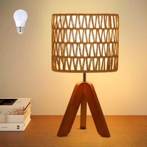 1 Tripod Table Lamp With Bulb, Small Boho Desk Lamp For Bedroom With Rattan Fabric Lampshade, Cute Bedside Lamp For Night Stand, Mini Side Table Lamp For Living Room, Rattan Nightstand Lamp, Tripod Lamp