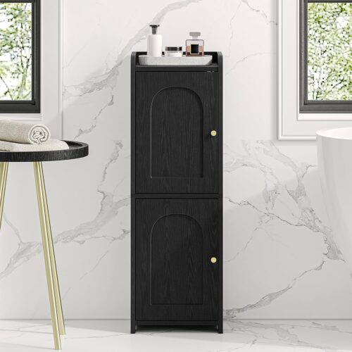 1 Bathroom Storage Cabinet, Corner Floor Cabinet with 2 Doors and Adjustable Shelf, Narrow Toilet Paper Cabinet, Bathroom Organizer for Small Spaces, Black BC19904X