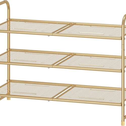 1 3-Tier Stackable Shoe Rack, Expandable & Adjustable Shoe Shelf Storage Organizer, Metal Mesh, Gold