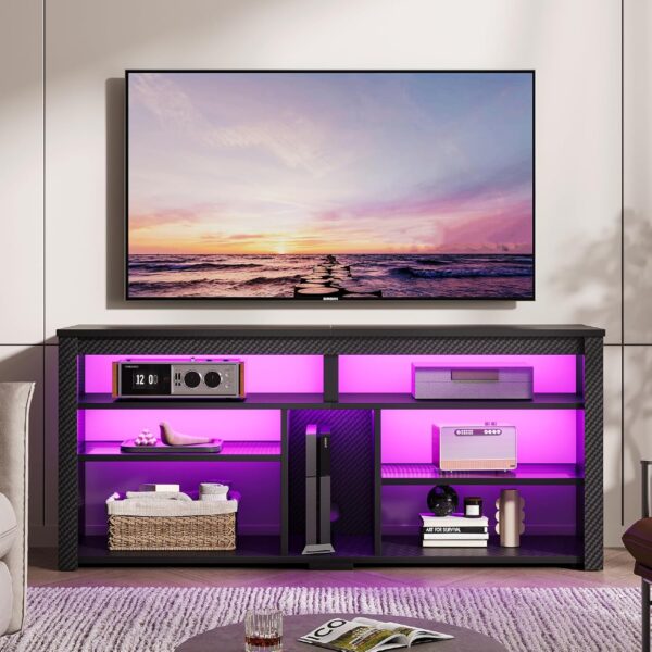 LED Tall TV Stand, Entertainment Center for 55/60/65 Inch, Gaming Console With Storage for PS4, Adjustable Shelf Modern High Cabinet for Living Room Bedroom, Carbon Fiber Black 1