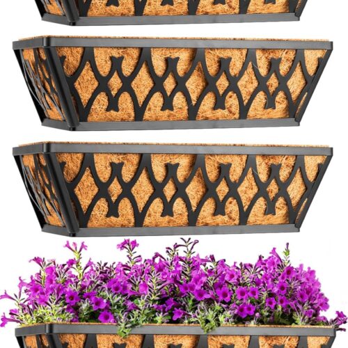 1 4 Pack 16 Inch Window Boxes Planters Railing Planter Box with Coco Liners Deck Railing Planter Boxes Balcony Hanging Flower Box for Outdoor Plants Garden Decor
