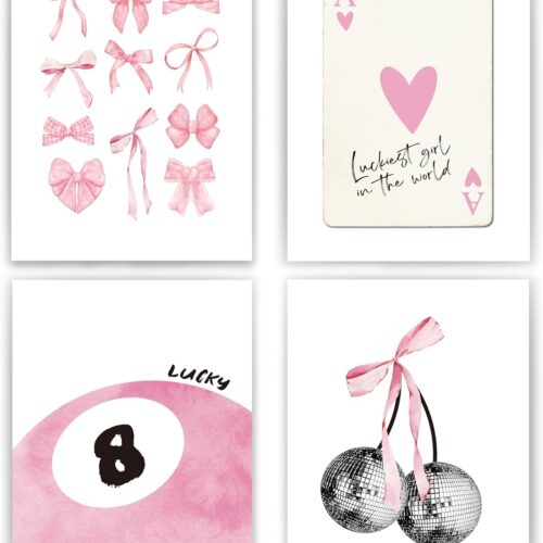 1 Pink Coquette Trendy Preppy Wall Art Prints Set of 4, Coquette Room Decor, Preppy Room Decor Aesthetic, Pink Bow Disco 8 Ball Cherry Wall Decor Posters for Girls Bedroom Dorm, 12x16 Unframed