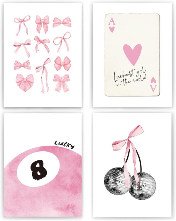 Pink Coquette Trendy Preppy Wall Art Prints Set of 4, Coquette Room Decor, Preppy Room Decor Aesthetic, Pink Bow Disco 8 Ball Cherry Wall Decor Posters for Girls Bedroom Dorm, 12x16 Unframed 1