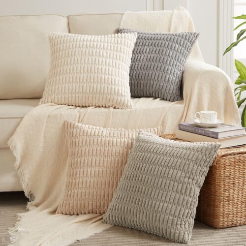 1 4 Packs Neutral Decorative Throw Pillow Covers 18x18 Inch for Living Room Couch Bed Sofa, Rustic Farmhouse Boho Home Decor, Soft Plush Striped Corduroy Square Cushion Case 45x45 cm