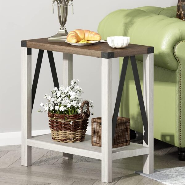 Farmhouse End Table for Small Spaces, Narrow Side End Table with Storage Shelf, Rustic A-Design Nightstand Sofa Table for Living Room, Bedroom (White & Brown) 1