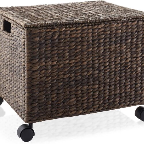 1 Rolling Filing Cabinet, Espresso - Water Hyacinth File Organizer with Lid and Locking Wheels, Home Office Storage for Hanging Folders