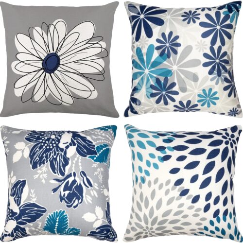 Blue Decorative Throw Pillow Covers 18x18 Set of 4, Blue and Grey Modern Daisy Floral Pillows Linen Pillow Covers for Couch Sofa Living Room