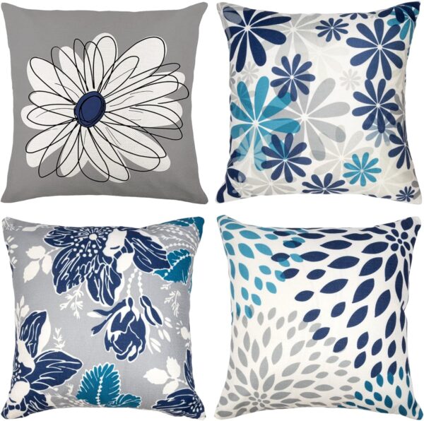 Blue Decorative Throw Pillow Covers 18x18 Set of 4, Blue and Grey Modern Daisy Floral Pillows Linen Pillow Covers for Couch Sofa Living Room 1