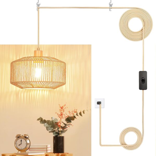 Plug in Pendant Light Paper Woven Rattan Hanging Lights Boho Hanging Lamp Rustic Farmhouse Pendant Lights for Kitchen Dining Room Bedroom Entryway, with 3-Way Dimmable Bulb (Woven-2) 1