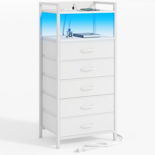 1 White Nightstand with 5 Storage Drawer, Tall Dresser for Bedroom with Led Light and Charging Station, Side Table Nightstand for Closet, Fabric Bins, Metal Frame, Wood Shelf(White)