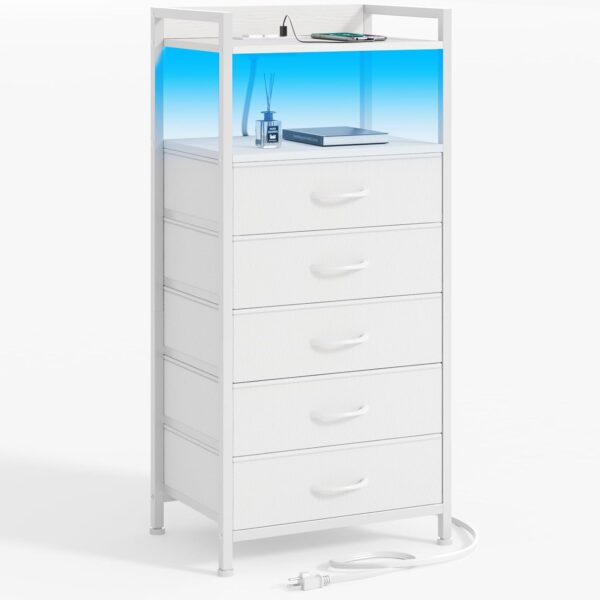 White Nightstand with 5 Storage Drawer, Tall Dresser for Bedroom with Led Light and Charging Station, Side Table Nightstand for Closet, Fabric Bins, Metal Frame, Wood Shelf(White) 1