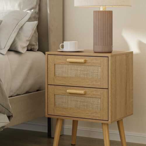 1 Rattan Night Stand,Modern nightstand Boho Bedside Table with 2 Drawer,Small End Side Table for Bedroom,Living Room,Office,Natural