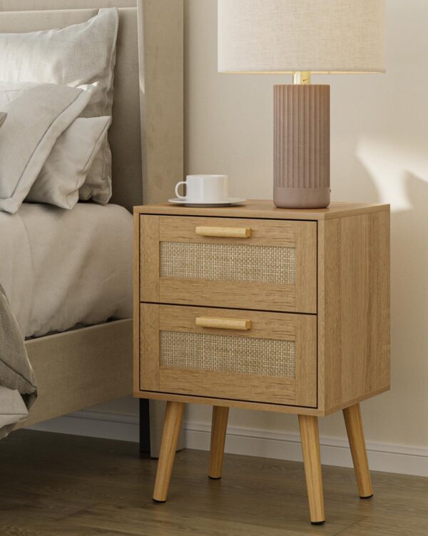 Rattan Night Stand,Modern nightstand Boho Bedside Table with 2 Drawer,Small End Side Table for Bedroom,Living Room,Office,Natural 1