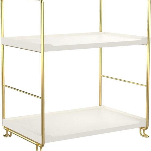 1 2-Tier Kitchen Spice Rack - Freestanding Stackable Bathroom Countertop Storage Shelf - Cosmetic Organizer Holder- Square Standing Rack (Golden)