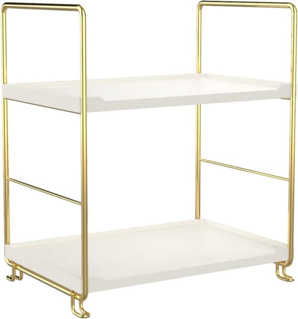 2-Tier Kitchen Spice Rack - Freestanding Stackable Bathroom Countertop Storage Shelf - Cosmetic Organizer Holder- Square Standing Rack (Golden) 1