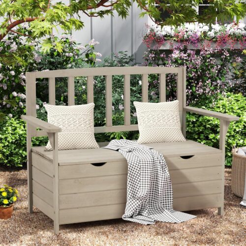 1 Outdoor Wooden Storage Bench, Patio Storage Box with Portable Handle & Seating, Deck Loveseat Bench with Armrests and Backrest for Backyard & Balcony, Grey