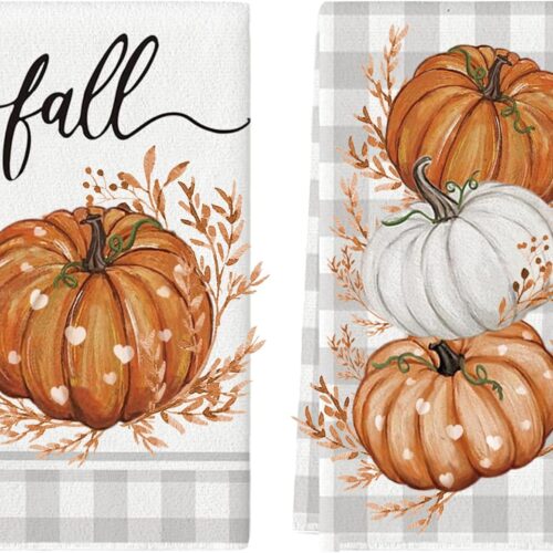 1 2 Pack Orange Pumpkin Fall Kitchen Towels Dish Towels, 16 Inch X 26 Inch, Lint Free Fall Hand Towels for Home