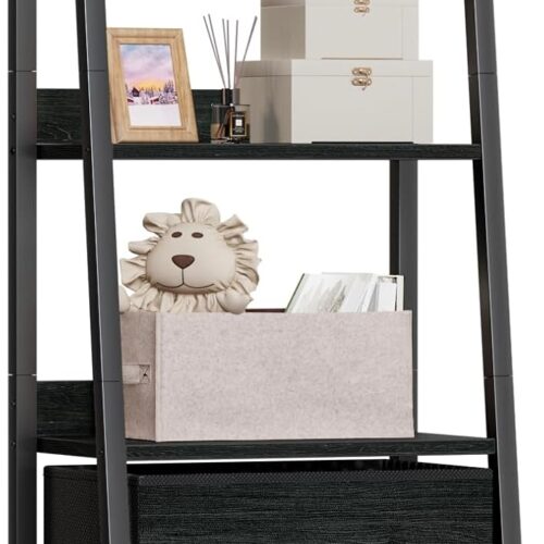 1 4-Tier Ladder Shelf, Ladder Bookshelf with Removable Drawer, Bookcase Storage Rack Organizer, Freestanding Storage Shelves for Living Room, Home Office, Bedroom, Black Oak