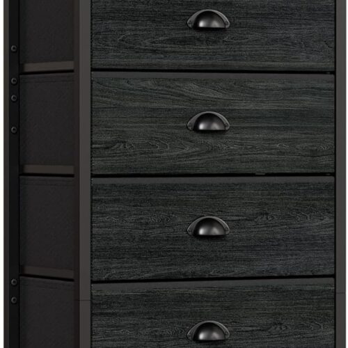 1 Black Dresser with 5 Drawers, Vertical Storage Tower Fabric Dresser for Bedroom, Hallway, Entryway, Nursery, Closet Organizer, Nightstand Bedside Table Furniture, Sturdy Steel Frame, Wood Top