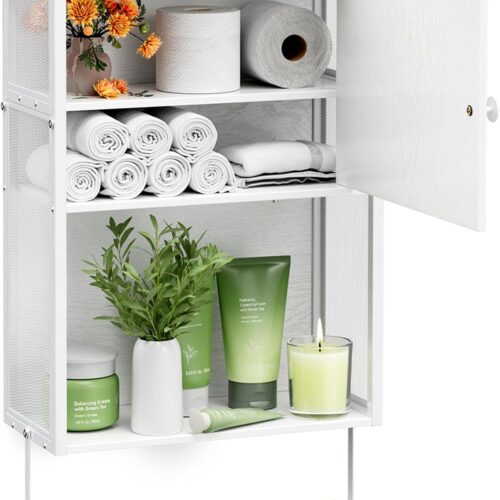 Small Bathroom Wall Cabinet with Towels Bar Wall Mounted Medicine Storage Cabinet with Shelf and Door 3 Tier Over Toilet Storage Cabinet for Bathroom Laundry Room Living Room Bedroom Kitchen, White