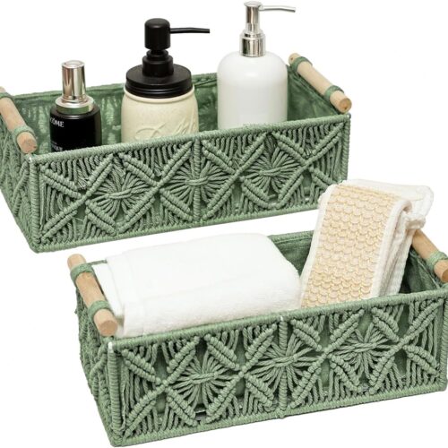 1 Macrame Boho Decor Baskets for Organizing Woven Decorative Basket for Countertop Toilet Paper Basket for Tank Top for Home Decor Bedroom Nursery Livingroom Entryway (Set of 2,Green)