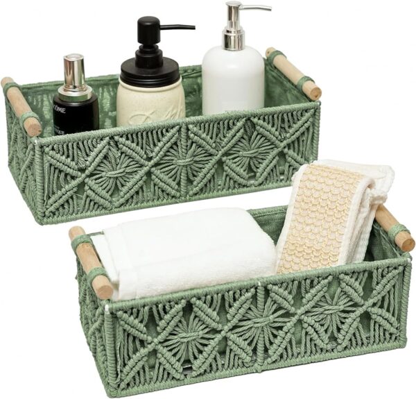 Macrame Boho Decor Baskets for Organizing Woven Decorative Basket for Countertop Toilet Paper Basket for Tank Top for Home Decor Bedroom Nursery Livingroom Entryway (Set of 2,Green) 1