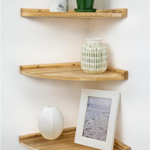 Corner Shelves Wall Mount, Farmhouse Rustic Corner Floating Shelf with Cord Hole, Wooden Storage Organizer Corner Wall Shelves for Kitchen Bathroom Living Room Bedroom Laundry, 12x12 Inch