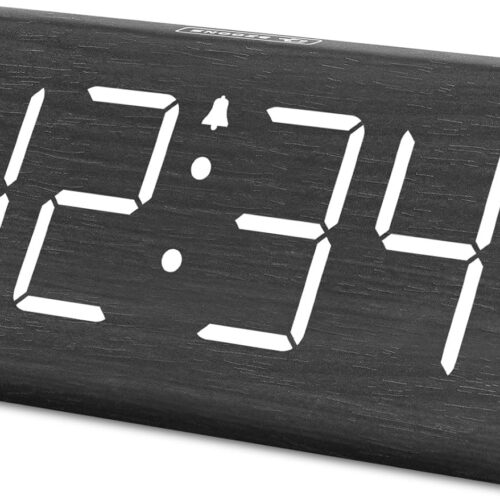 1 Wooden Digital Alarm Clocks for Bedrooms - Electric Desk Clock with Large Numbers, USB Port, Loud Alarm for Heavy Sleepers, Adjustable Volume, Dimmer, DST, Wood Décor Gifts, Adapter Powered