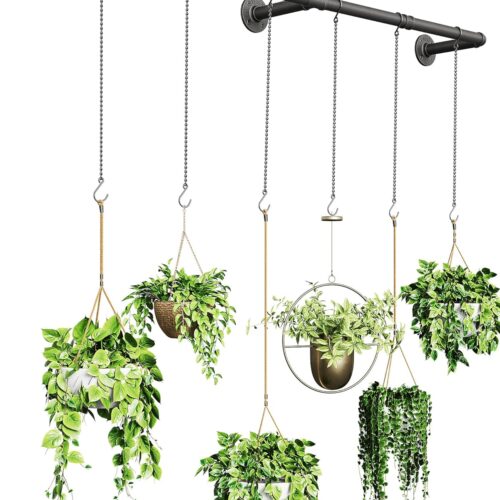 1 Plant Hanger Indoor, Hanging Planters Rod for Indoor Plants with 6 Hanging Chains, Wall Plant Hanging Rod for Window Ceiling, 65.7 Inch, Metal/Black, Pots Not Included