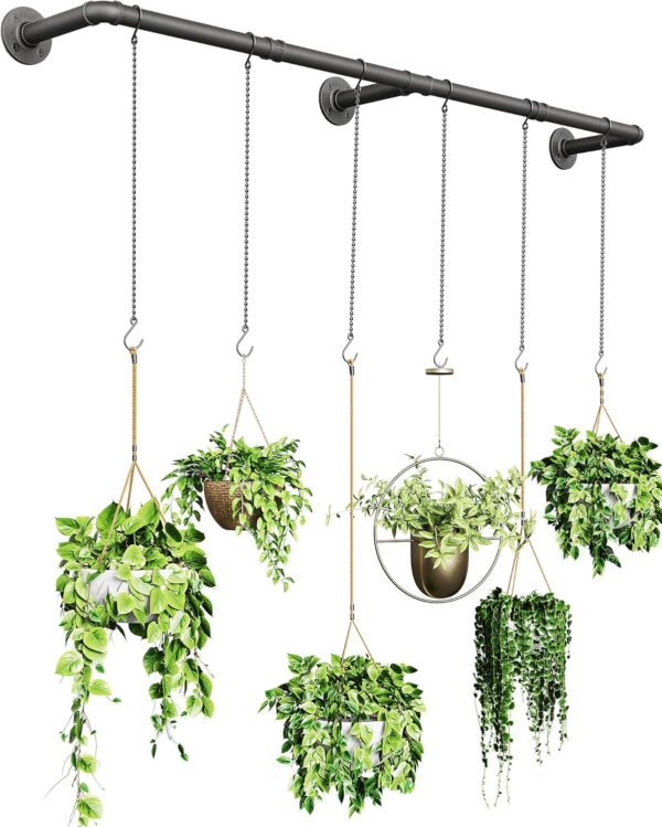 Plant Hanger Indoor, Hanging Planters Rod for Indoor Plants with 6 Hanging Chains, Wall Plant Hanging Rod for Window Ceiling, 65.7 Inch, Metal/Black, Pots Not Included 1