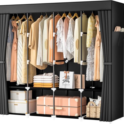 1 Wardrobe Closet, 66 Inch Portable Closet for Hanging Clothes, Large Capacity Clothes Rack Organizer with Cover & 4 Hanging Rods & 8 Storage Shelves & 2 Side Pockets (Black)