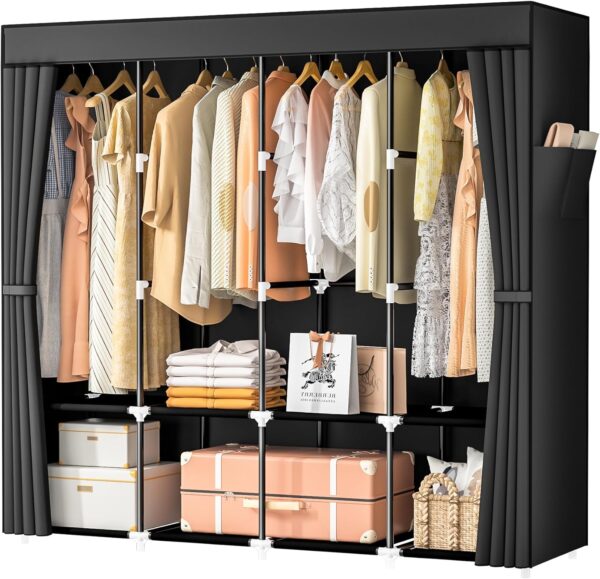 Wardrobe Closet, 66 Inch Portable Closet for Hanging Clothes, Large Capacity Clothes Rack Organizer with Cover & 4 Hanging Rods & 8 Storage Shelves & 2 Side Pockets (Black) 1