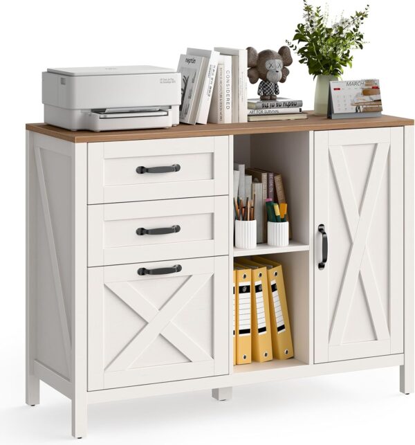 Lateral File Cabinet with 3 Drawers and Door, Farmhouse File Cabinet with Adjustable Shelf for Letter/A4 Size Hanging Files, Printer Stand with Storage Cabinet for Home Office Furniture, White 1