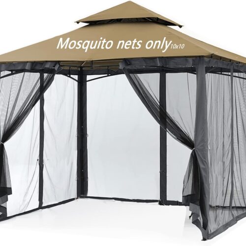 Mosquito Netting for Gazebo Canopy, Replacement Screen Walls Netting with Slip Rings, 4-Door Zipper, Easy to Install Black (Net Only) (10x10FT)