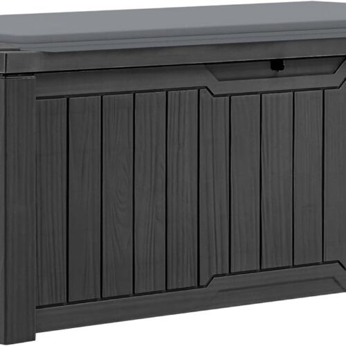 120 Gallon Resin Deck Box, Weather Resistant Outdoor Storage Box for Patio Pillow, Garden Tools, Pool Supplies, Lockable, Easy Assembly, Extra Seat or Table with Cushion (Black)